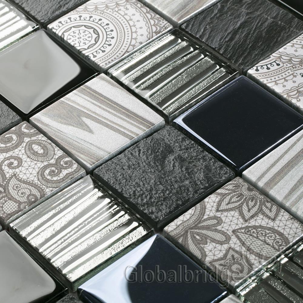 Wholesale inkjet glass mosaic bathroom glass mosaic glass mix stone tile