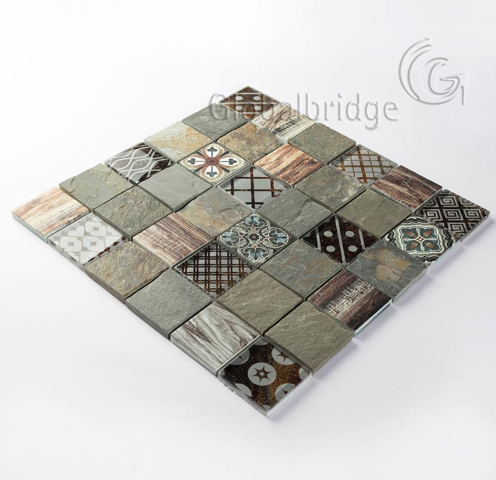 Wholesale inkjet glass mosaic bathroom glass mosaic glass mix stone tile